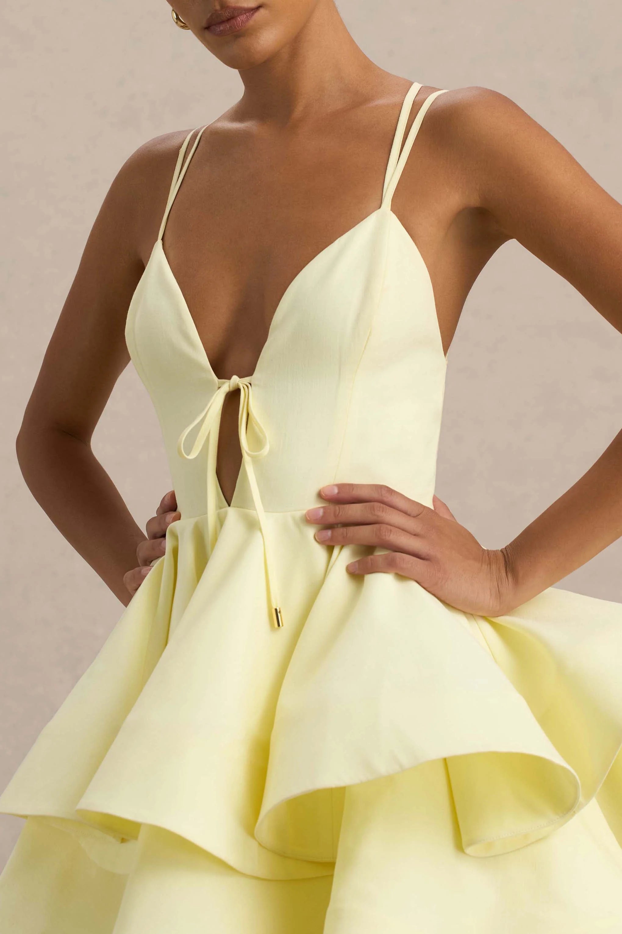 Flavia Lemon Plunge Neck Ruffled Skater Micro Mini Dress