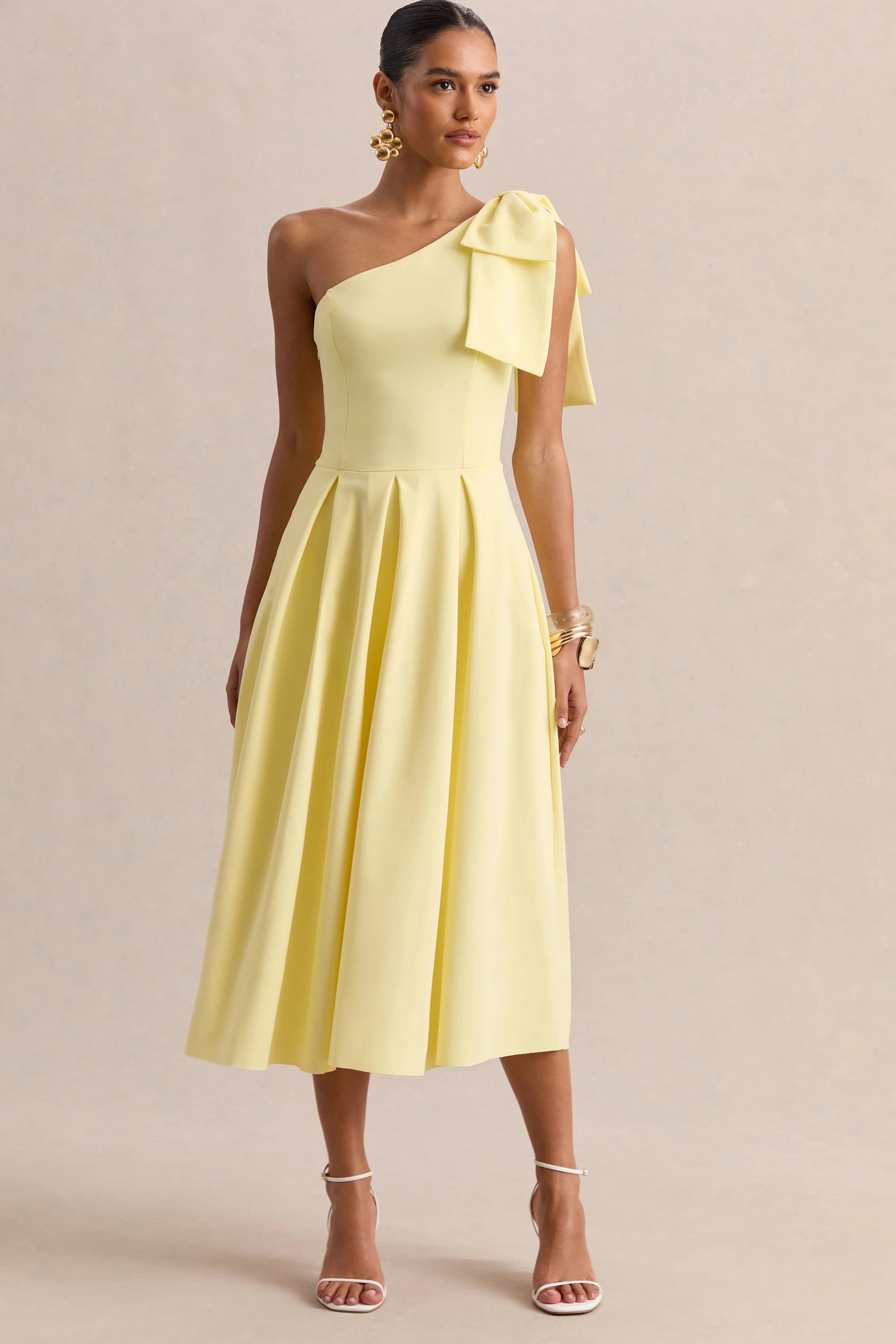 Meria Lemon Asymmetric Neck Midi Dress With Bow Sleeve