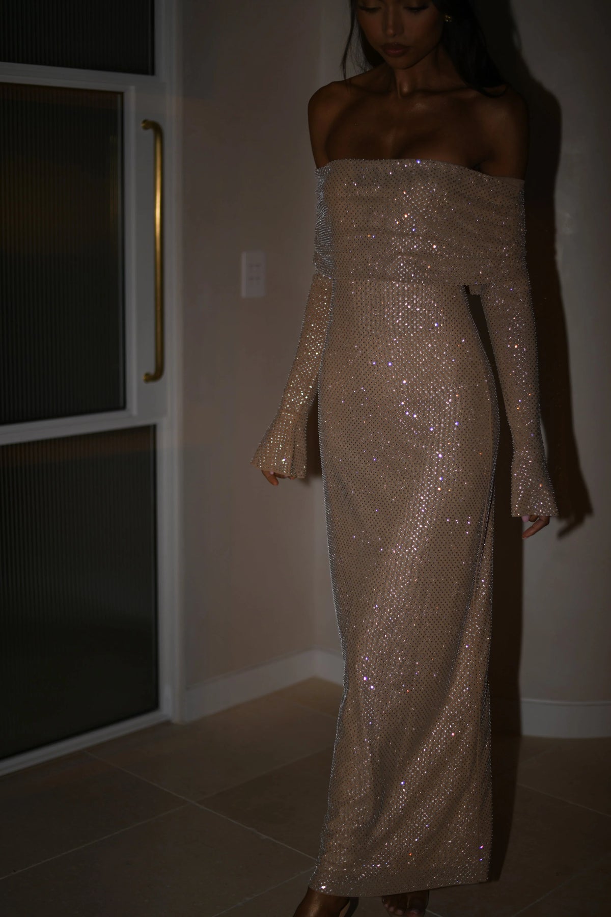 Marcel Off Shoulder Diamante Maxi Dress Nude