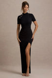 Claudetta Black High Neck Short Sleeve Split Maxi Dress