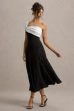 Malta Black White One Shoulder Midi Dress
