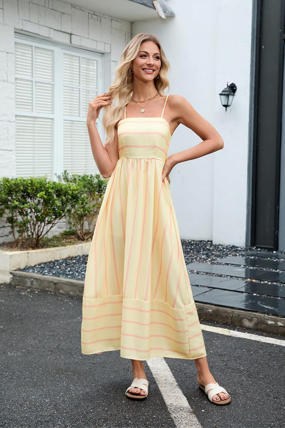 Women Striped Maxi Dress Sleeveless Backless Cutout Smocked Sundress Spaghetti Straps Boho Flowy Dresses