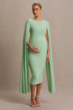 Providence Light Green High Neck Maternity Midi Dress With Cape Sleeves