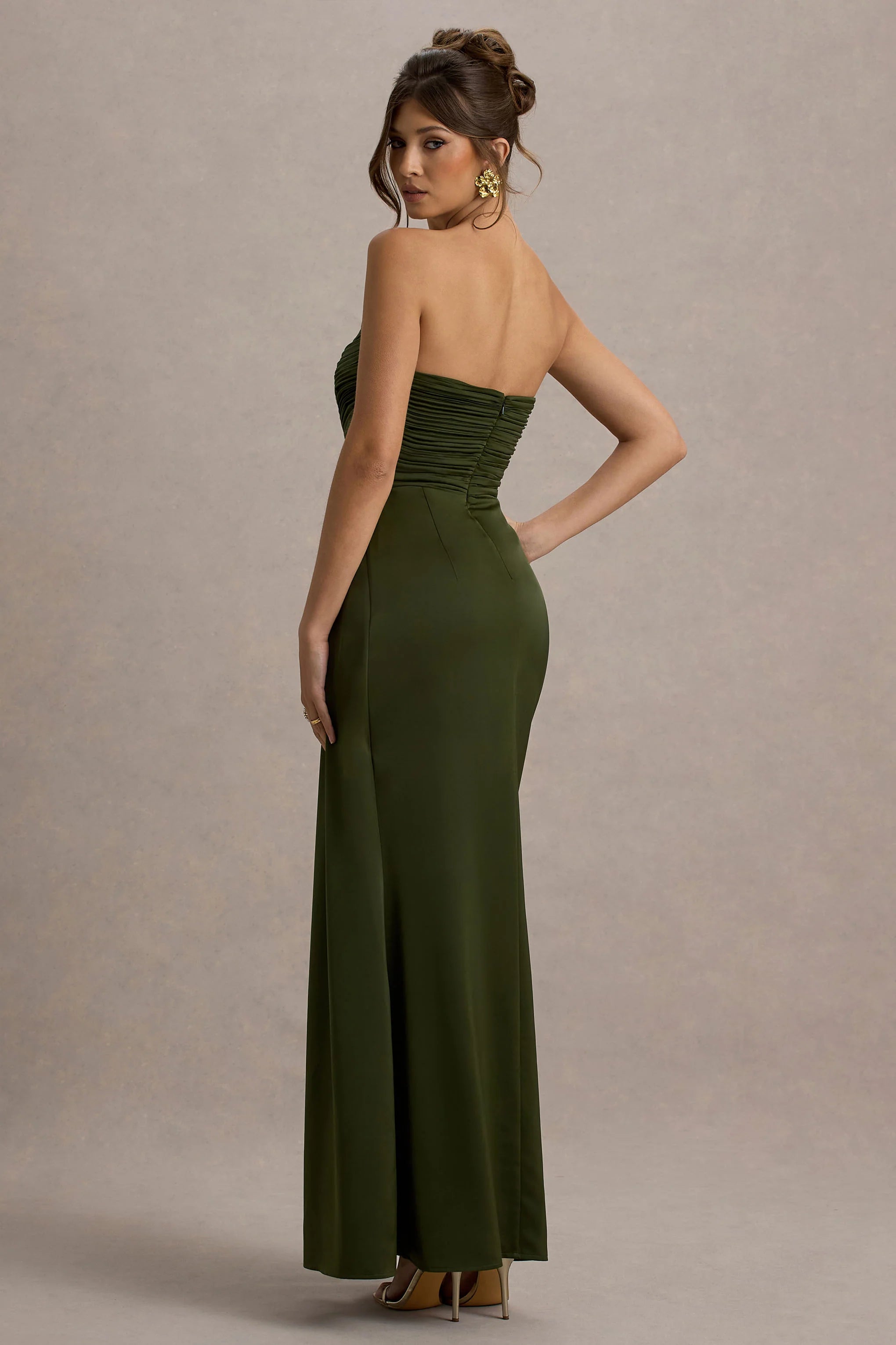 Edel Olive Satin Strapless Maxi Dress With Drape