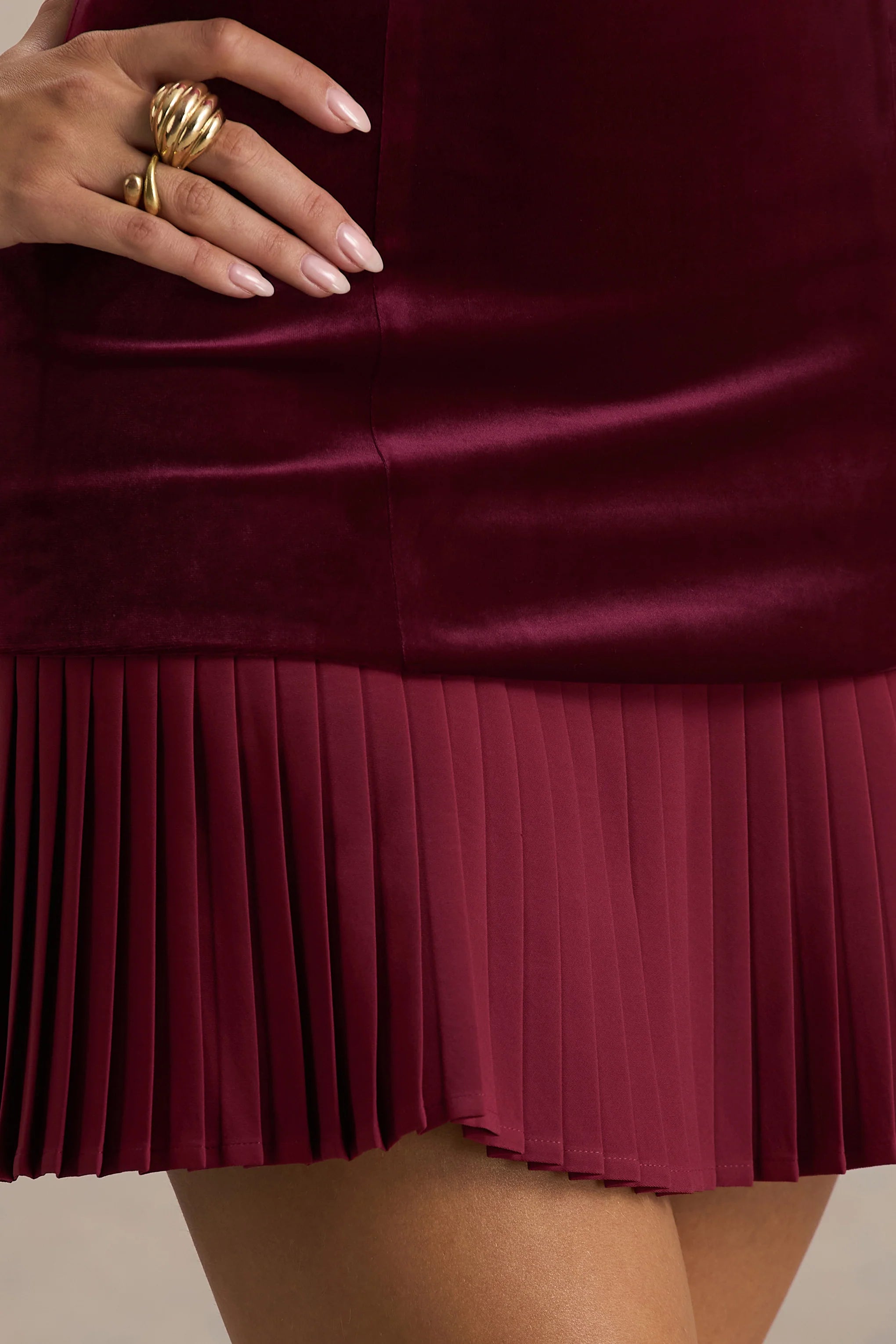 Valentina Burgundy Velvet Bandeau Mini Dress With Pleated Detailing