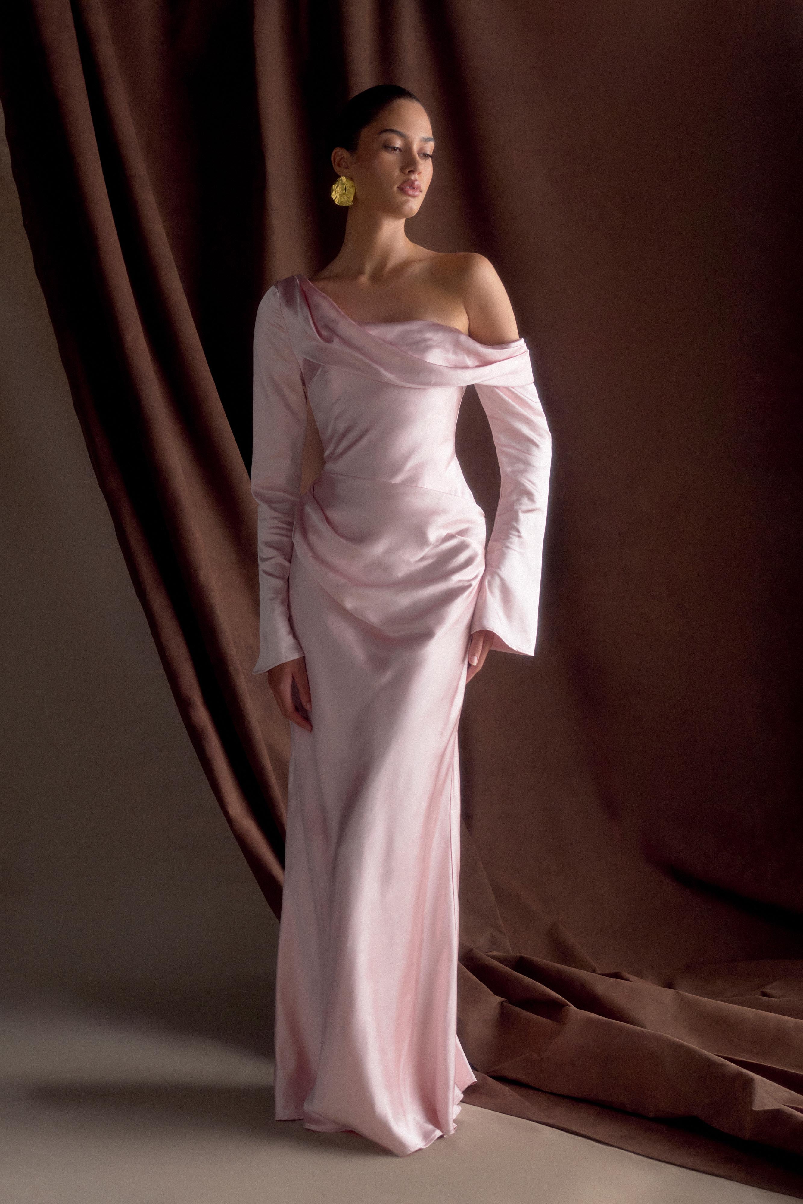 Iris Long Sleeve Satin Maxi Dress Soft Pink