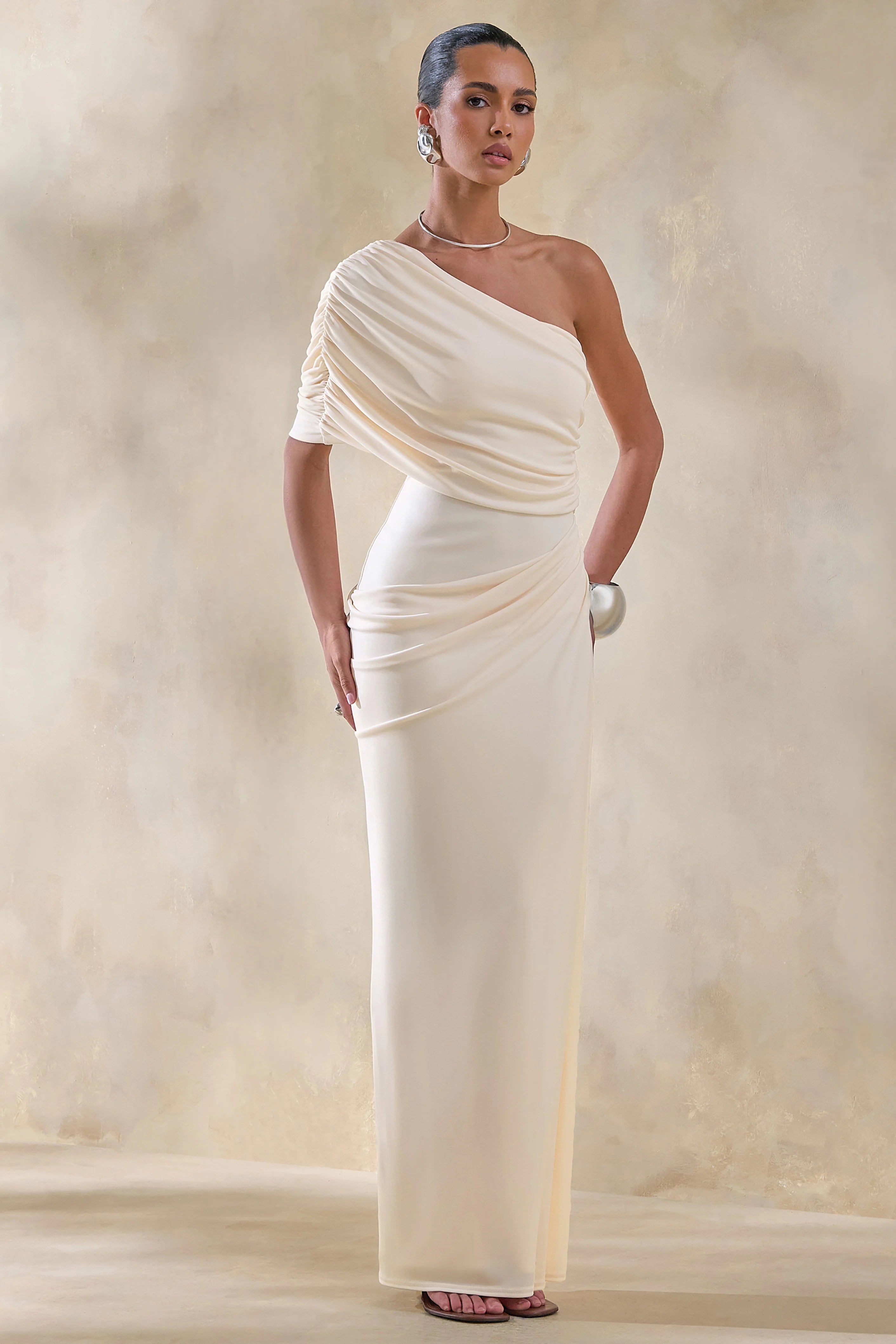 Iberia Cream Asymmetric Neck Maxi Dress With Draped Detail