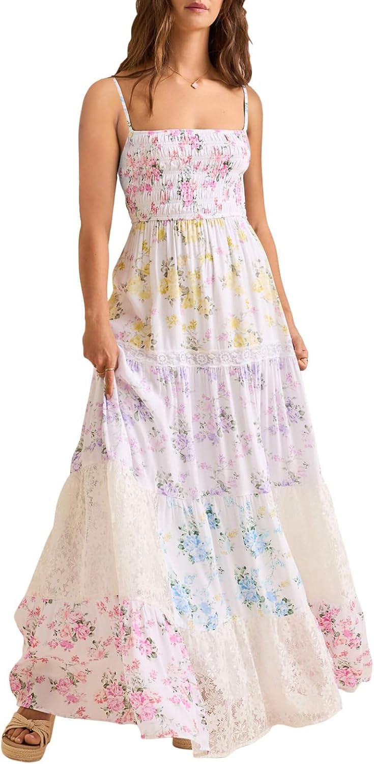 Women Floral Maxi Dress Smocked Spaghetti Strap Lace Patchwork Tiered Boho Long Dress Vacation Garden Party