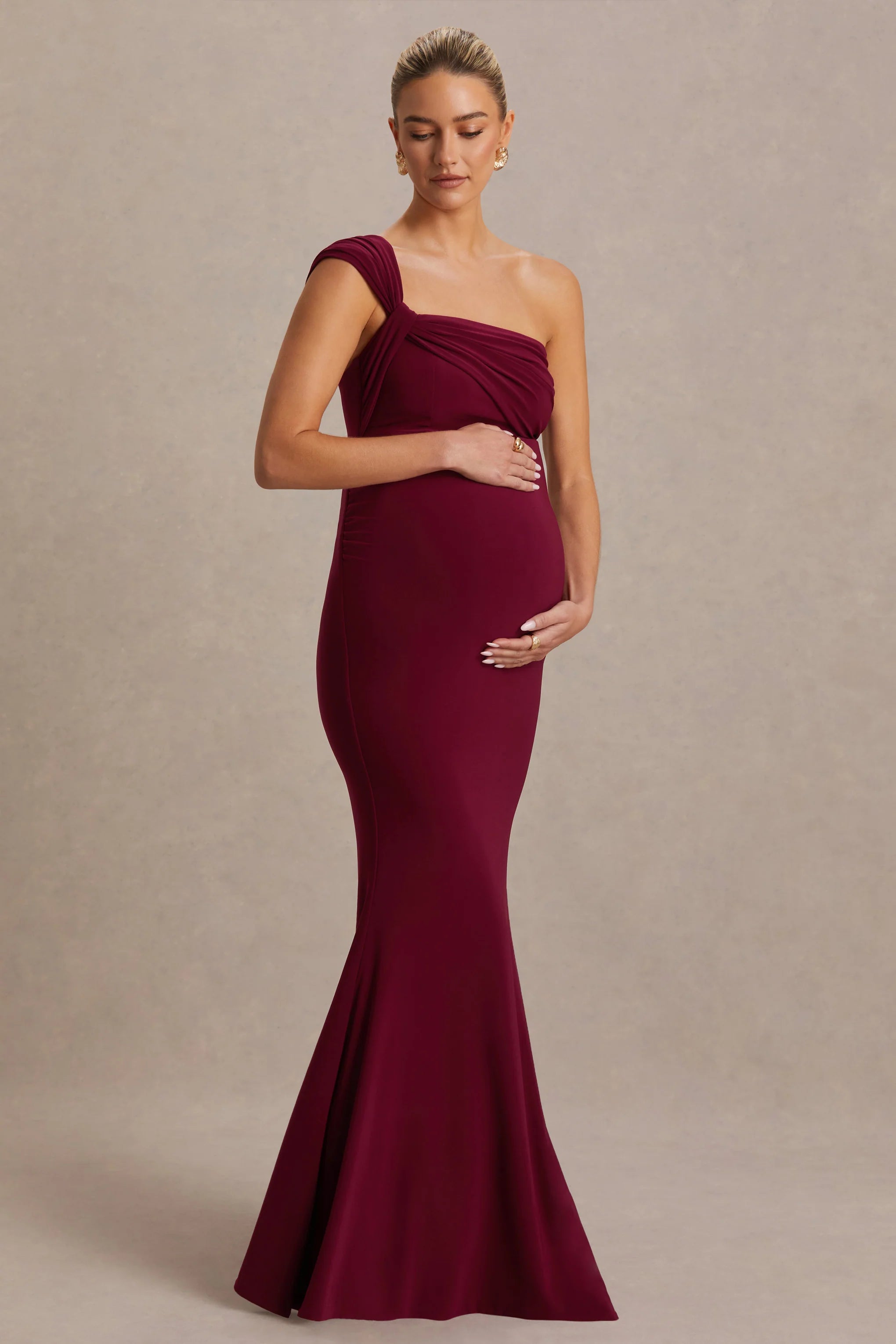Mila Burgundy Asymmetric Neck Maternity Maxi Dress