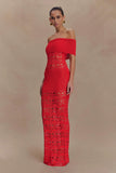 Solstice Off Shoulder Crochet Knit Maxi Dress Blood Orange