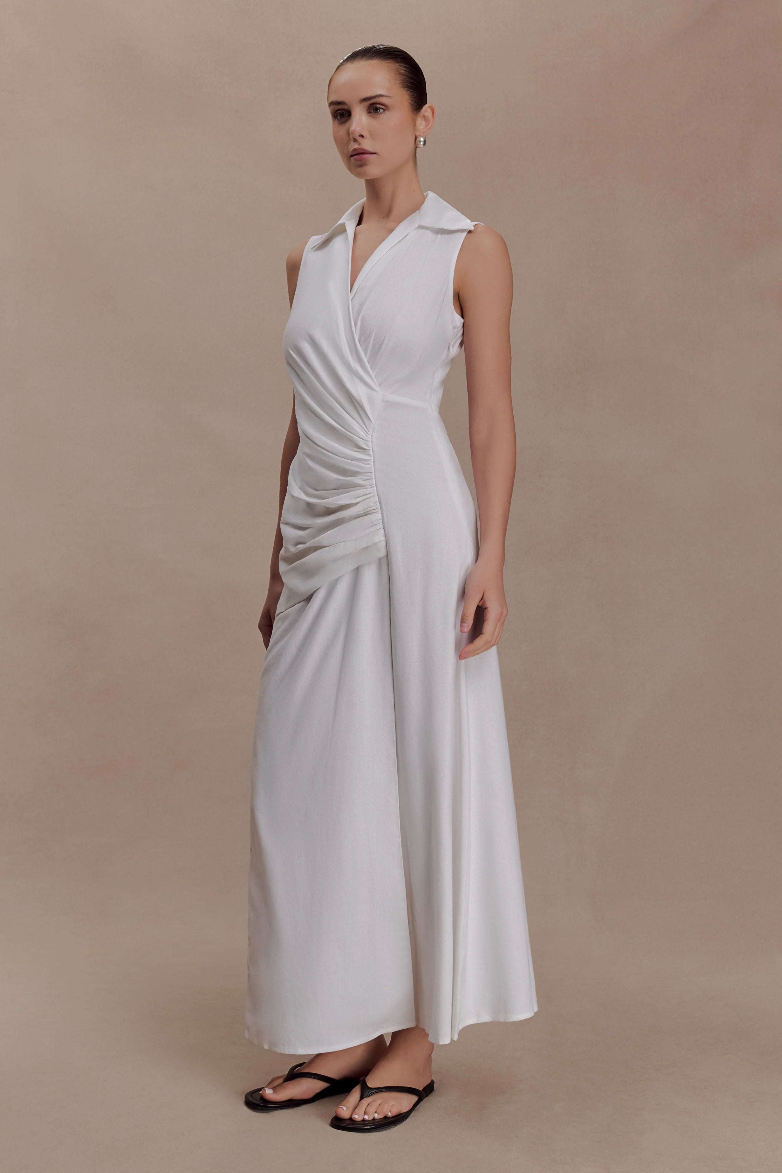 Dante Ruched Linen Midi Dress White