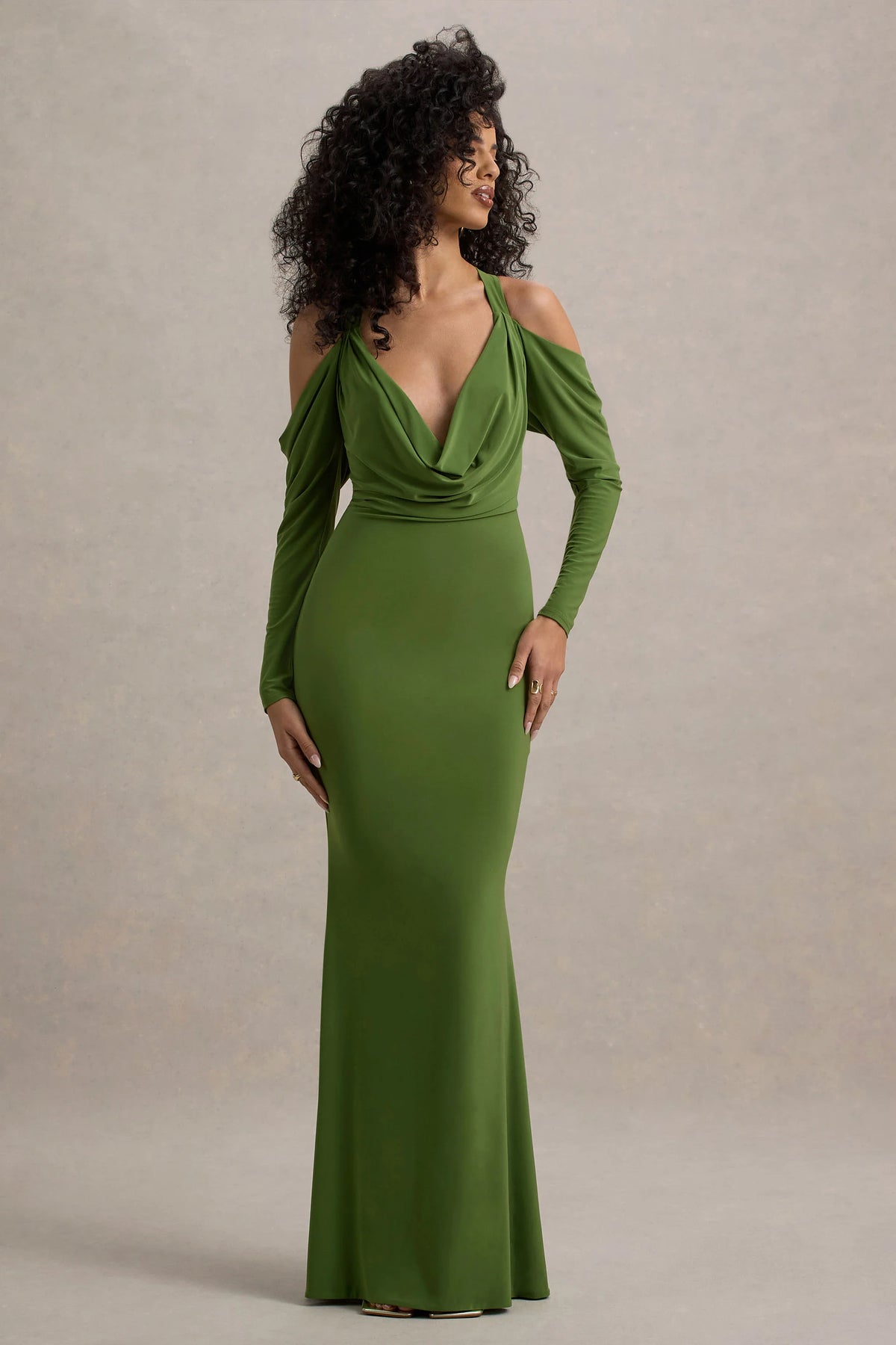 Hurghada Green Plunge Neck Long Sleeve Maxi Dress