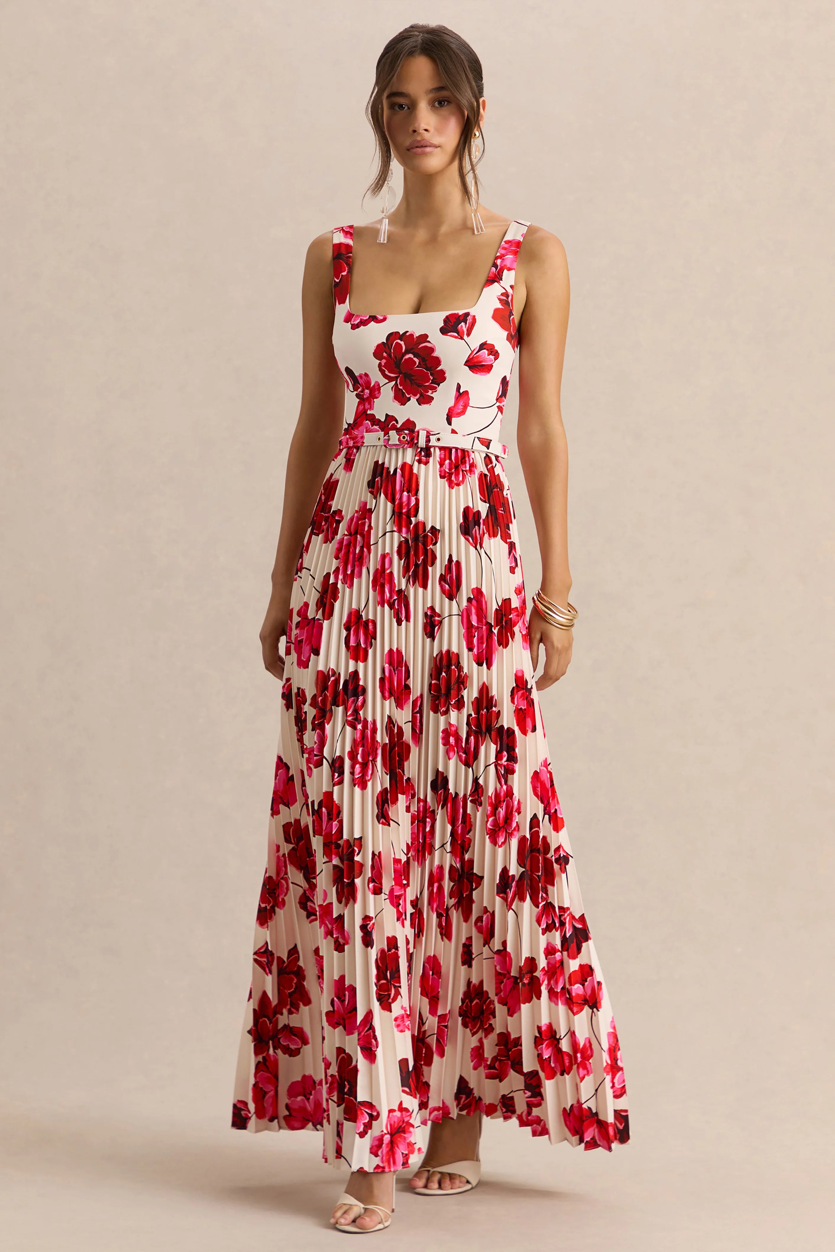 Danika Hot Pink Floral Print Square Neck Belted Maxi Dress With Pleated Skirt