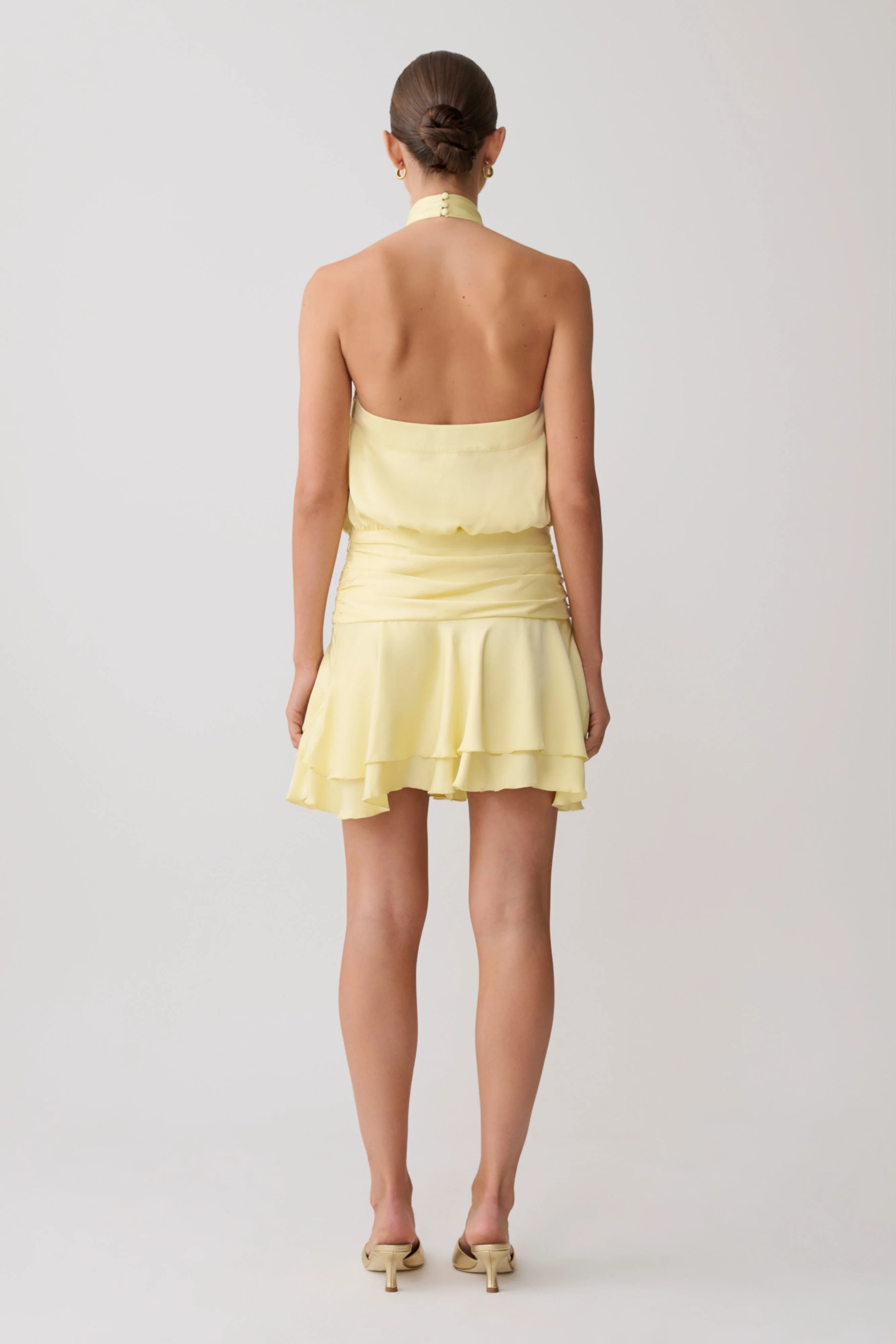 Poppy Satin Halter Mini Dress Lemon