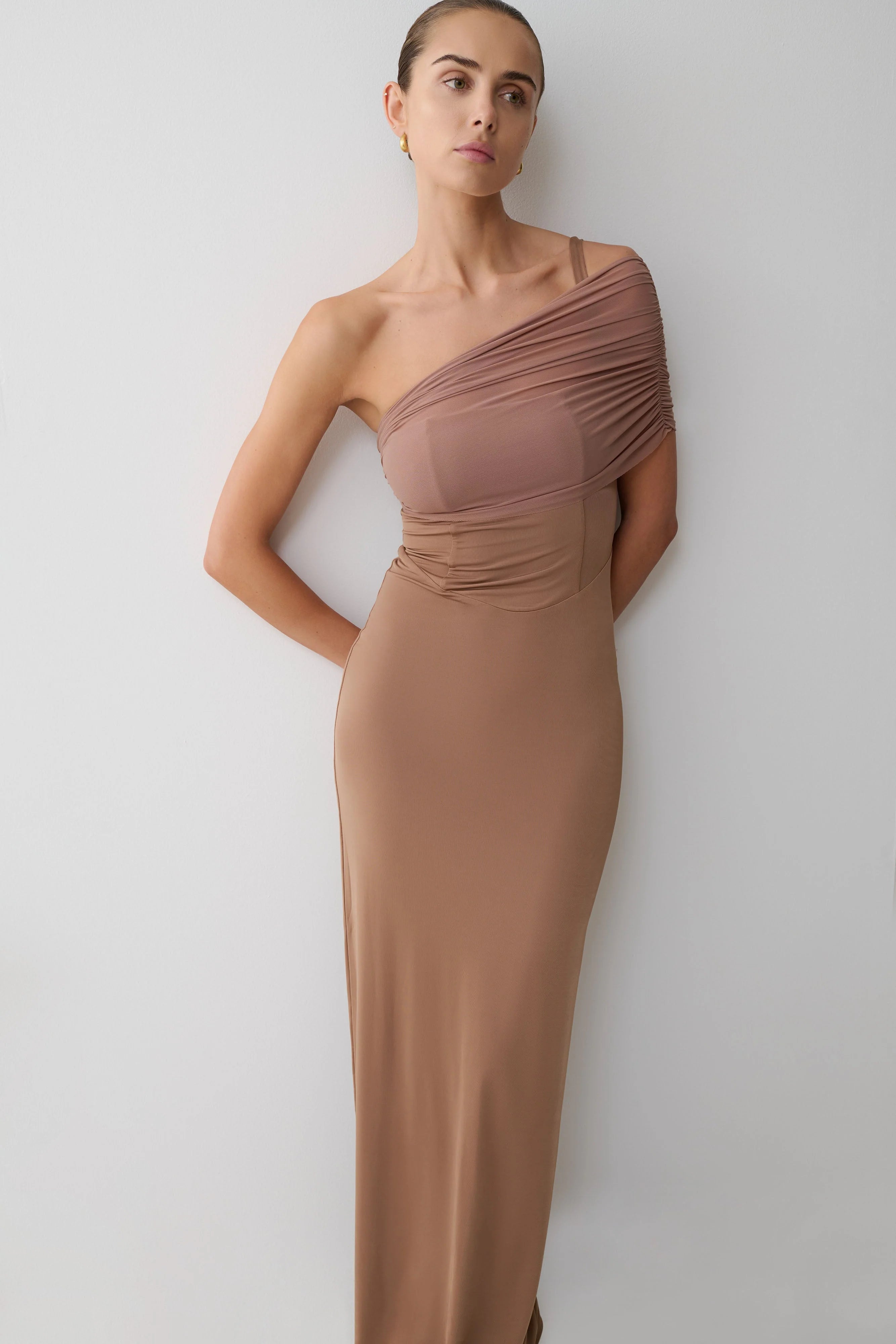 Hanh One Shoulder Mesh Maxi Dress Tan