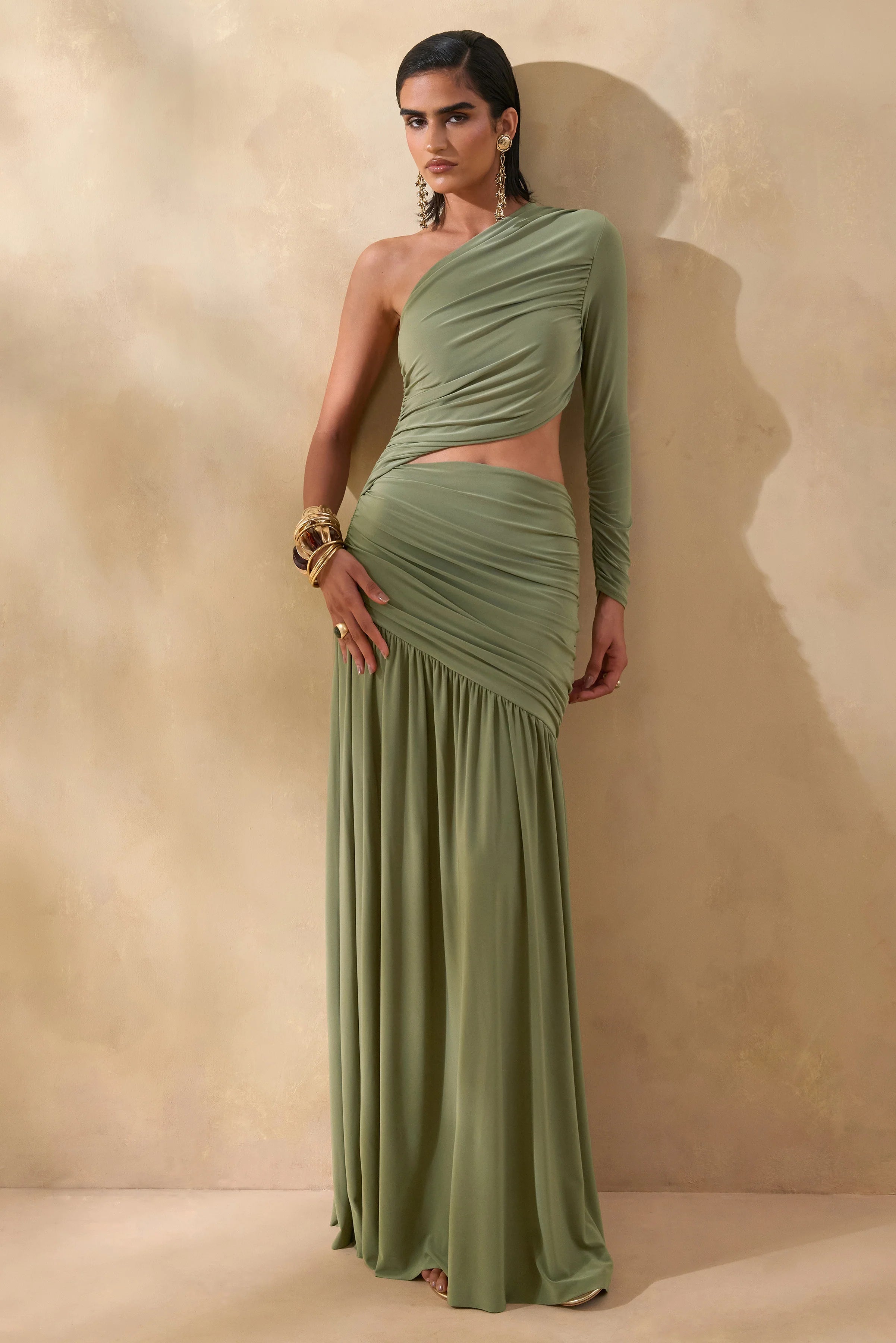 Kinsley Olive Asymmetric Neck Maxi Dress With Body Cut Out Detail