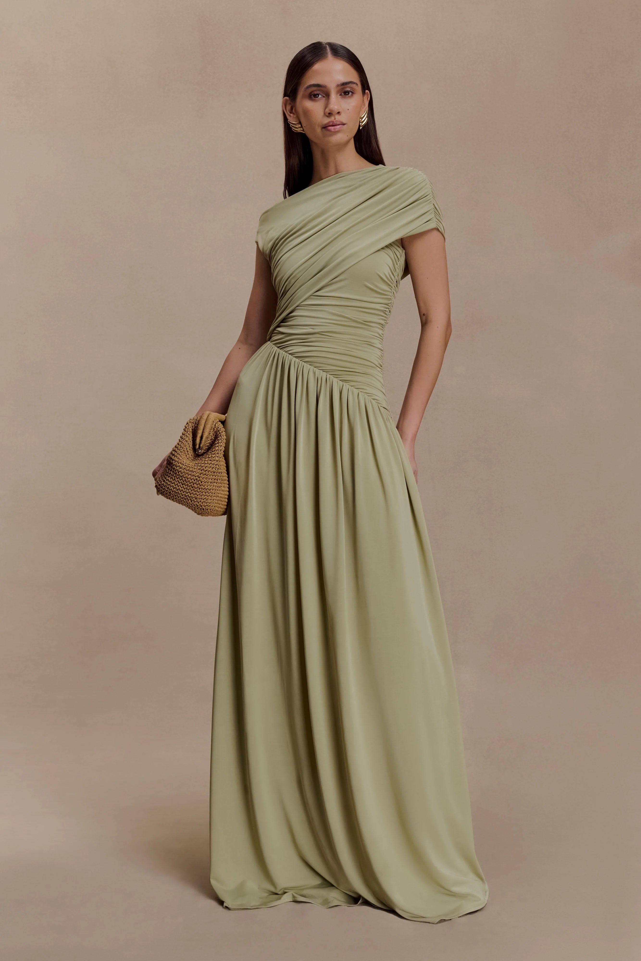 Ayeshya Slinky Asymmetric Maxi Dress Sage