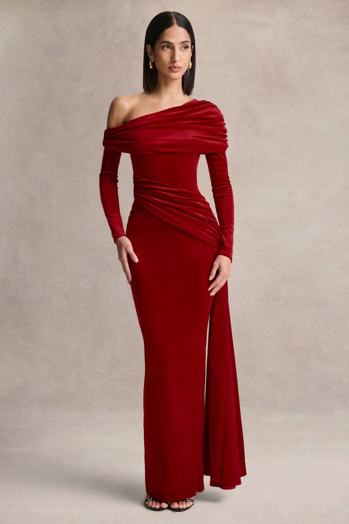 Hadria Red Velvet Asymmetric Neck Maxi Dress With Sash Detail