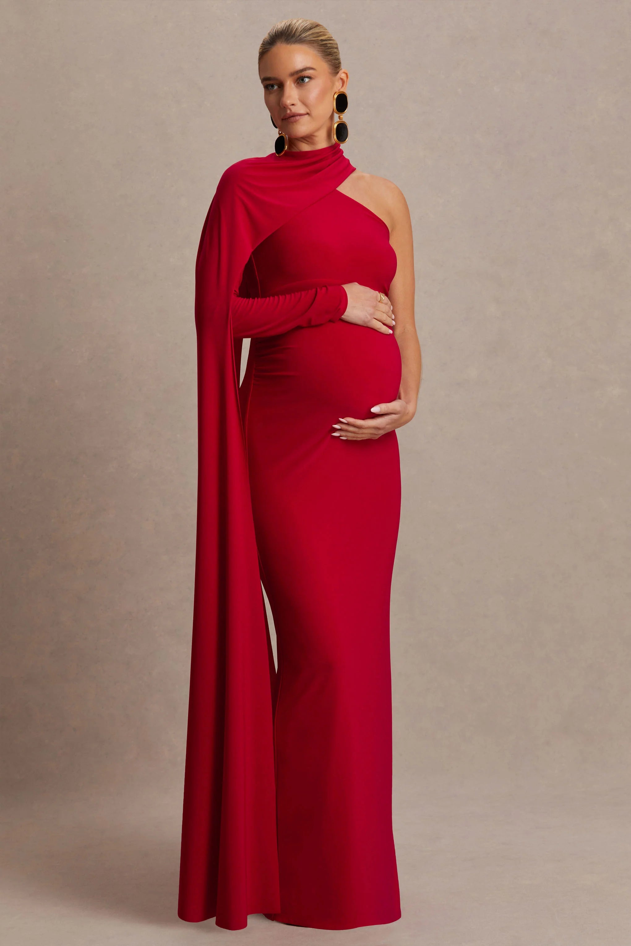 Tessy Red Asymmetric Neck Maternity Maxi Dress With Cape Sleeve