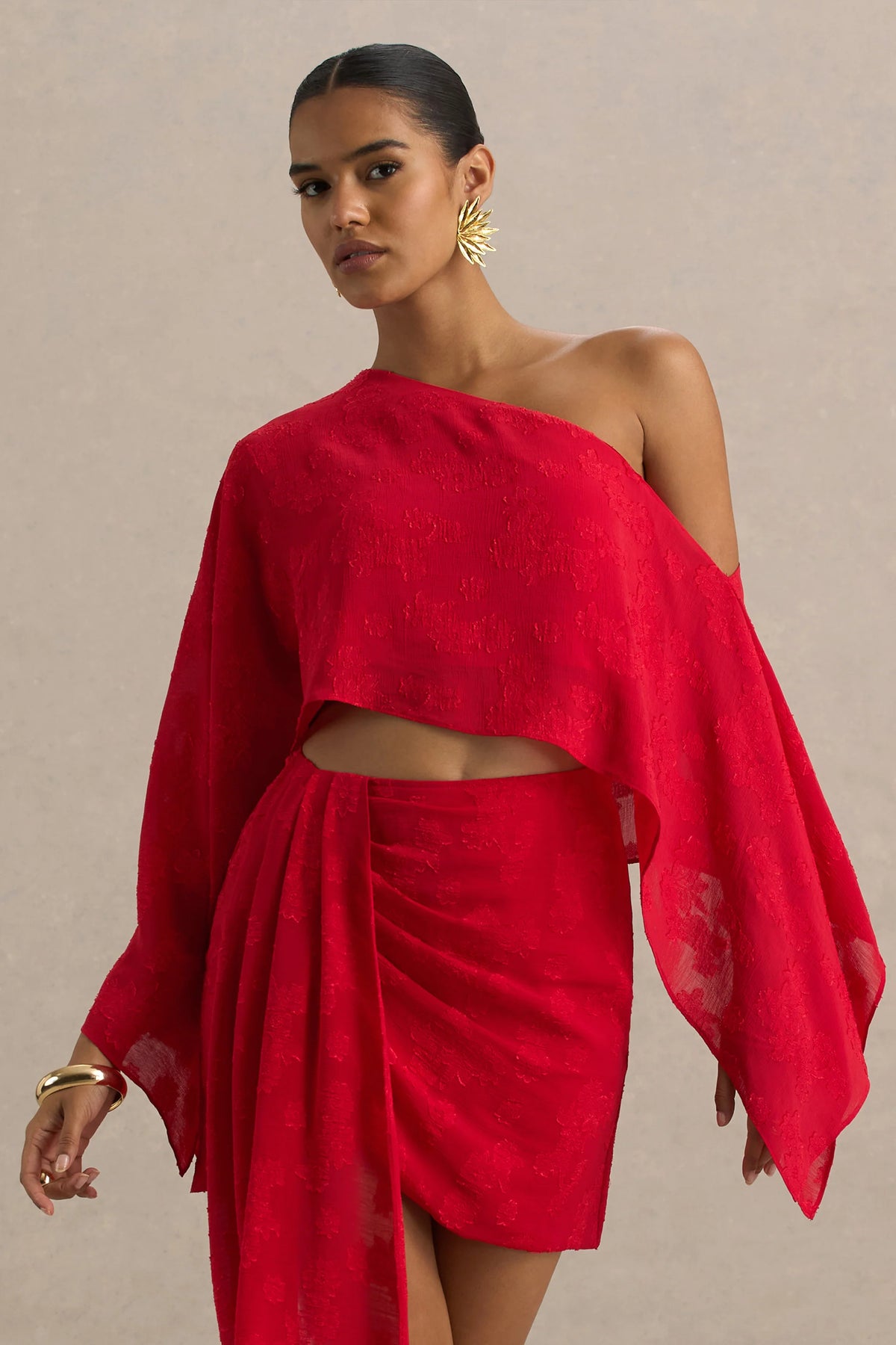 Aruba Red Satin Devore Asymmetric Long Sleeve Crop Top