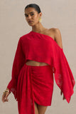 Aruba Red Satin Devore Asymmetric Long Sleeve Crop Top
