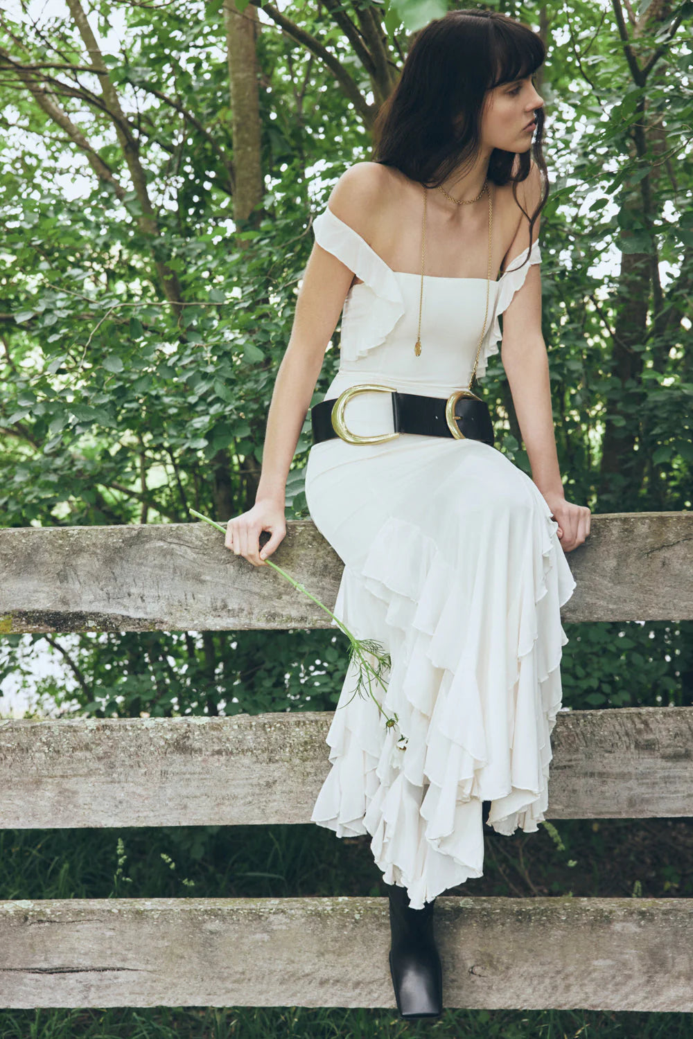 Etta Ruffle Slinky Maxi Dress Ivory