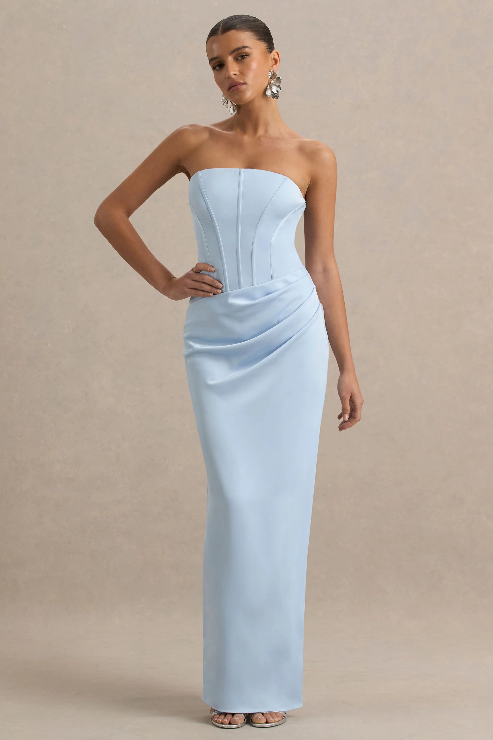 Joseline Powder Blue Satin Corset Wrap Maxi Dress With Scarf