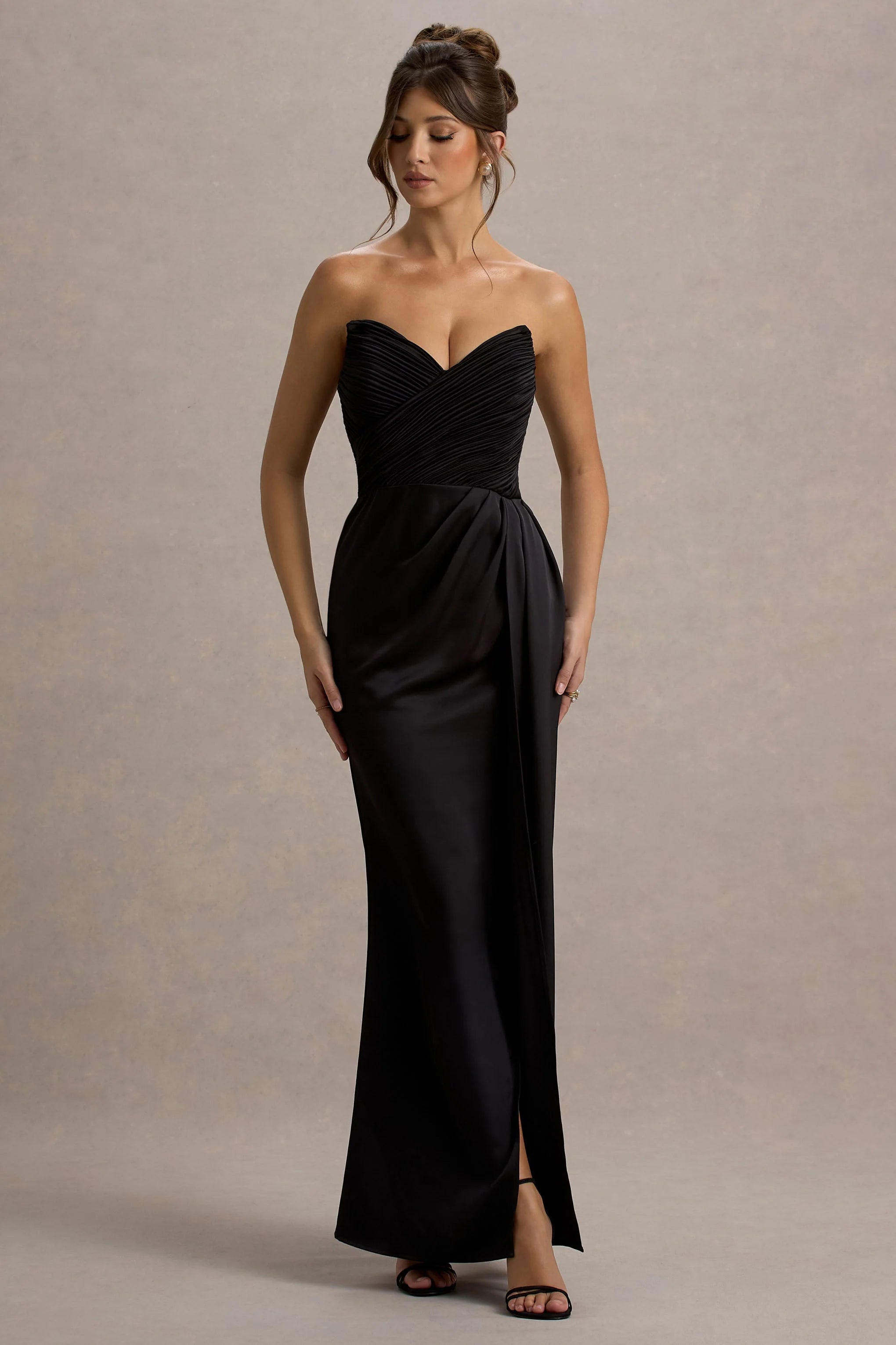 Edel Black Satin Strapless Maxi Dress With Drape