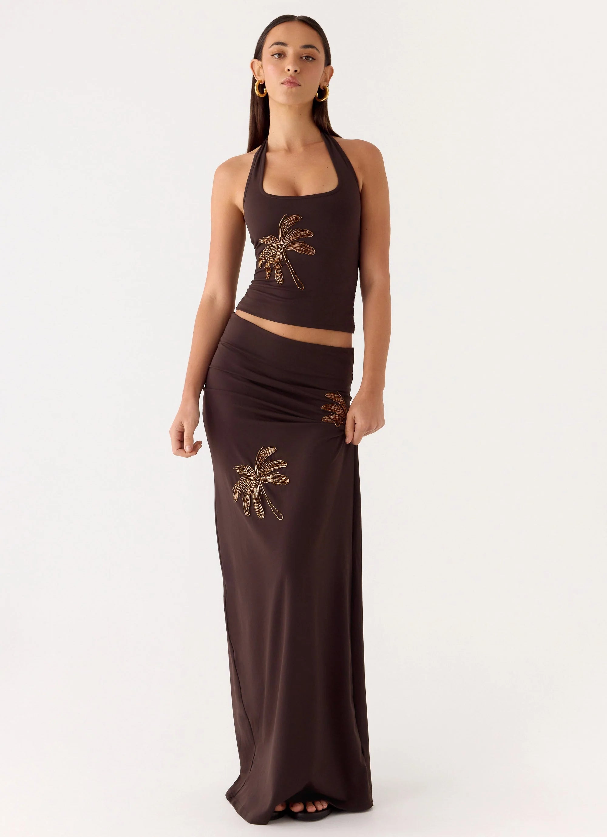 Brienne Beaded Maxi Skirt Chocolate