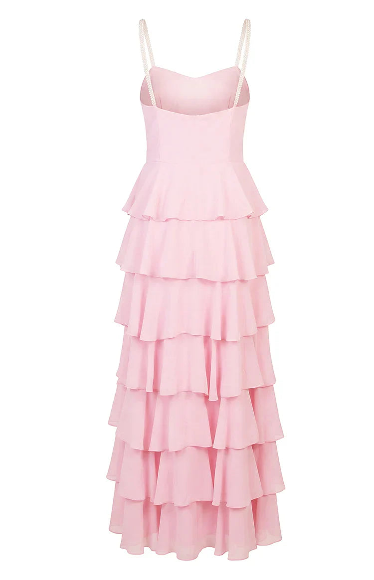 Felicity Pink Pearl Strap Ruffle Maxi Dress - PRE ORDER