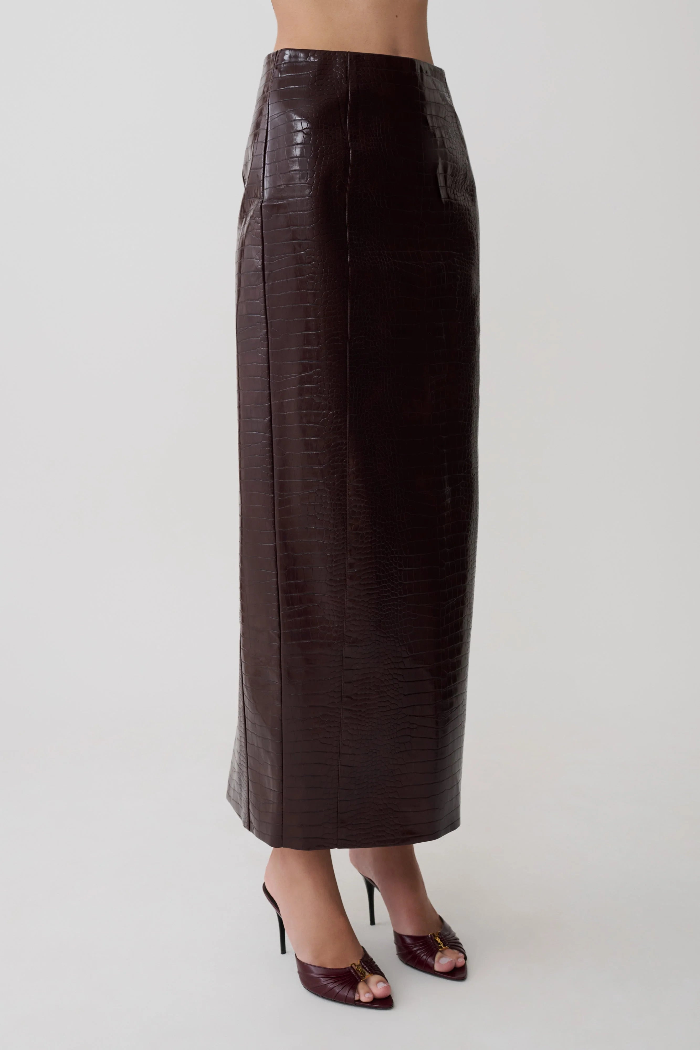 Thalia Croc Faux Leather Midi Skirt Merlot