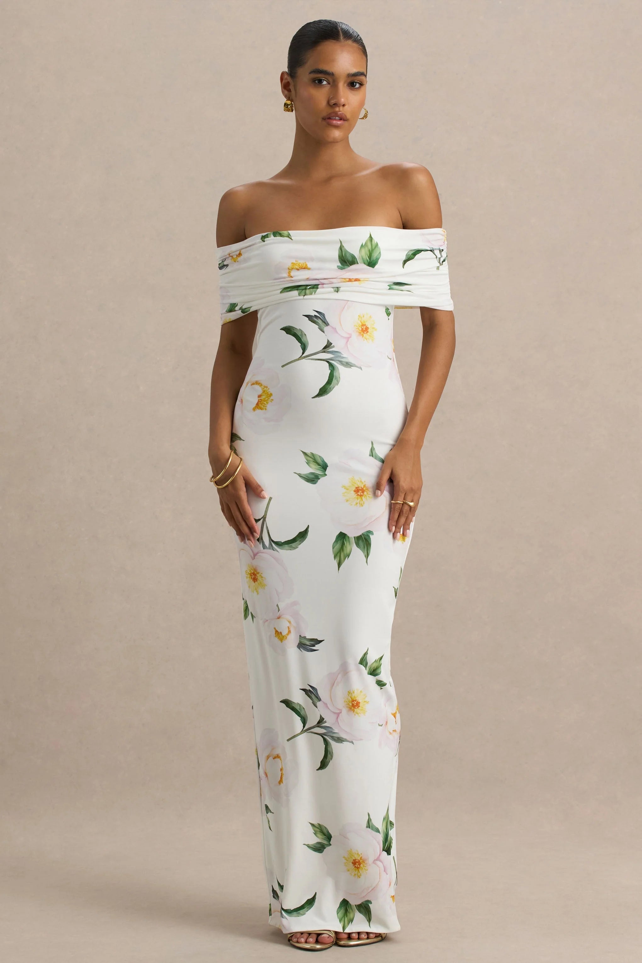 Capri White Rose Print Bardot Neck Maxi Dress With Ruched Detailing