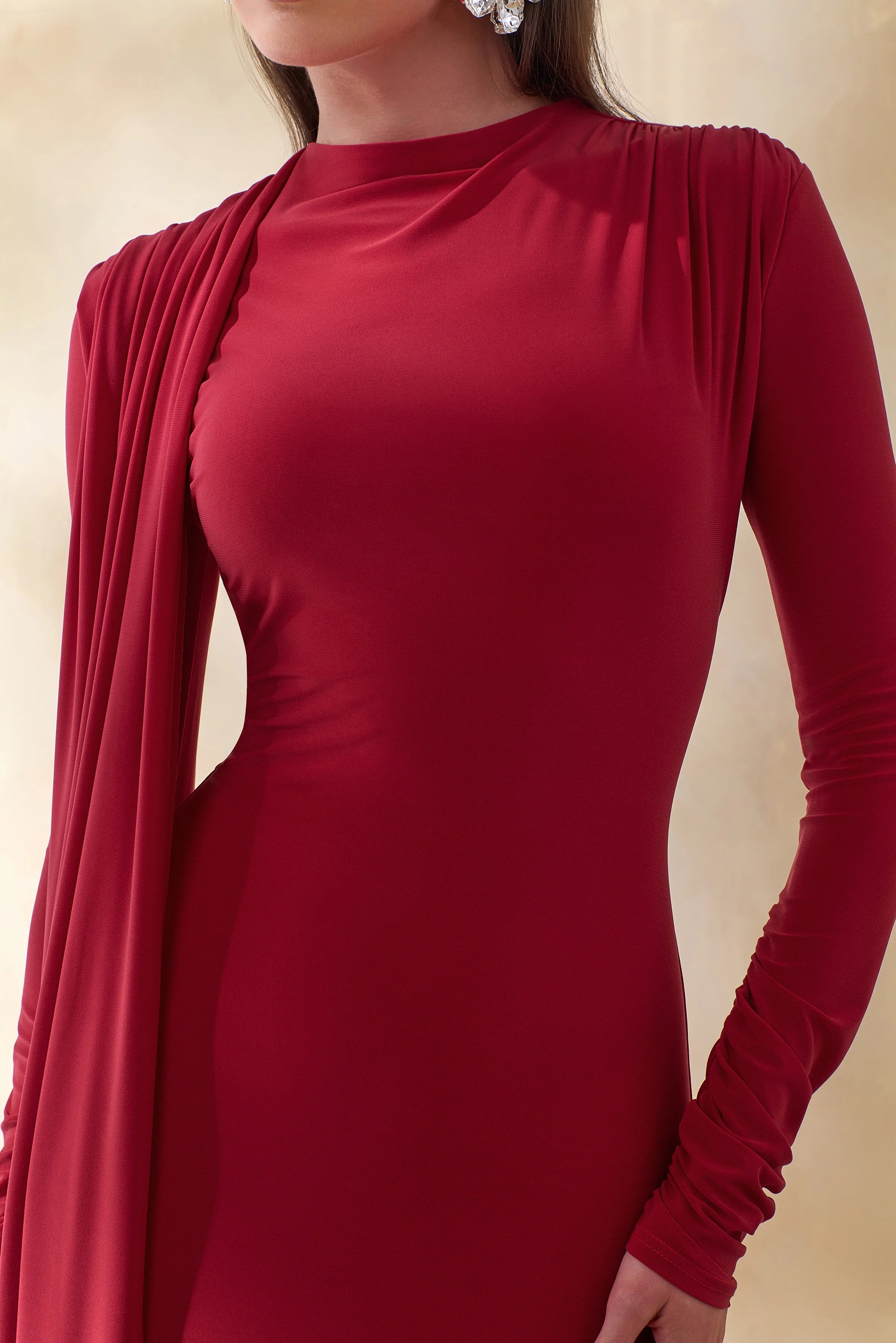 Amaria Red High Neck Maxi Dress With Sash Detail