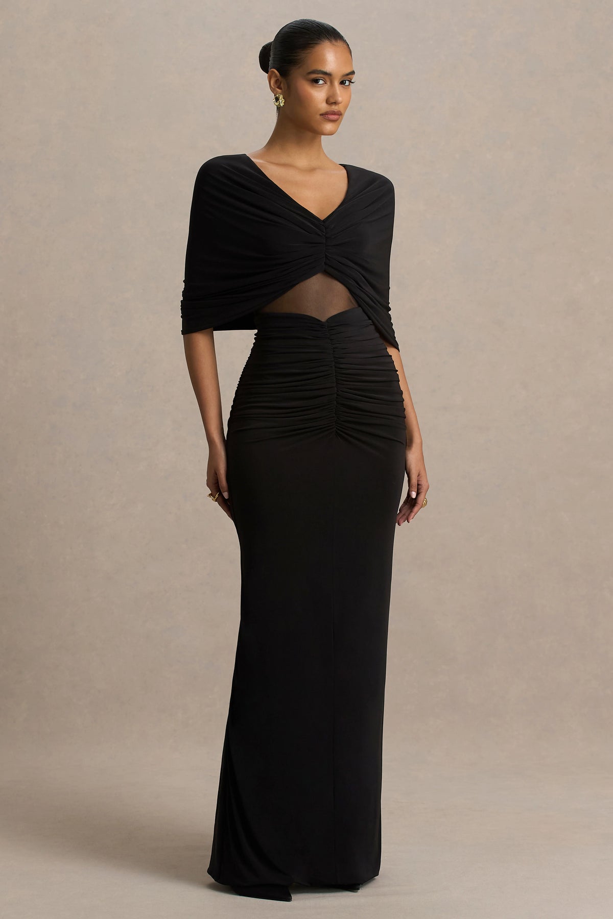 Zinnie Black Cape Sleeve Maxi Dress With Mesh Panel