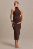 Mireille Brown Halter Neck Maternity Midi Dress