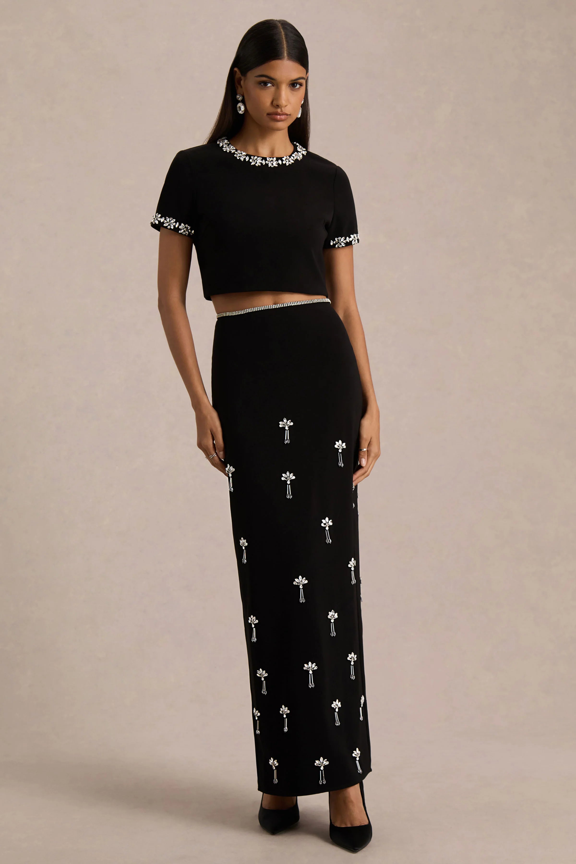 Aven Black Hand Embellished Maxi Skirt