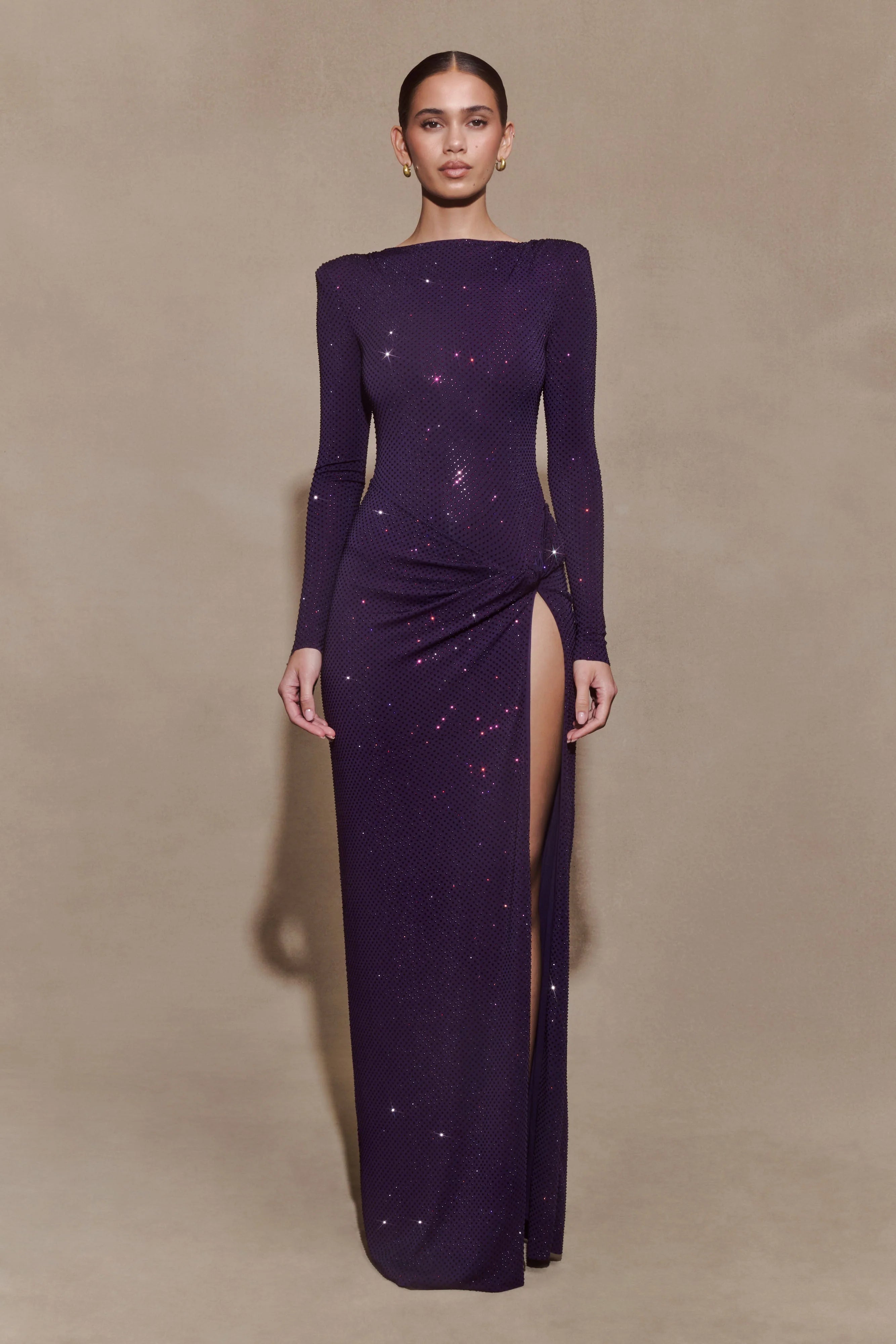 Deanna Long Sleeve Diamante Maxi Dress Purple