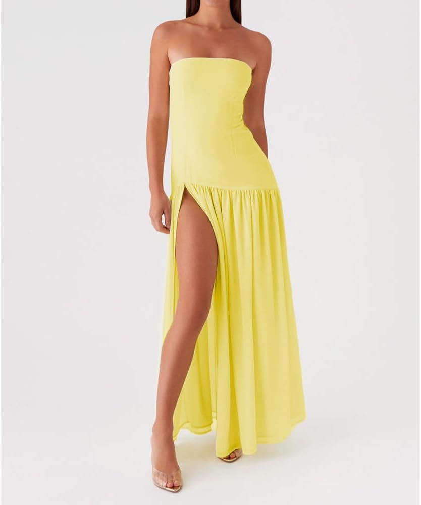 Women Tube Top Dress Tiger Stripe Mesh Patchwork Maxi Dress Strapless Sexy High Slit Long Dresses Beach Vacation