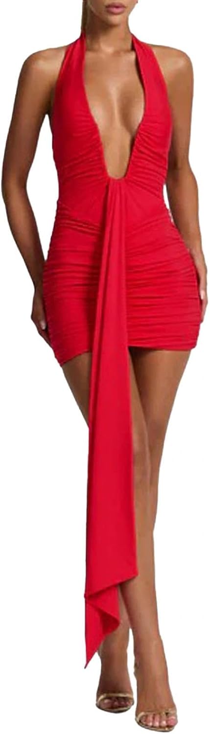 Women Deep V Neck Ruched Mini Dresses Backless Halter Dress Party Club Night