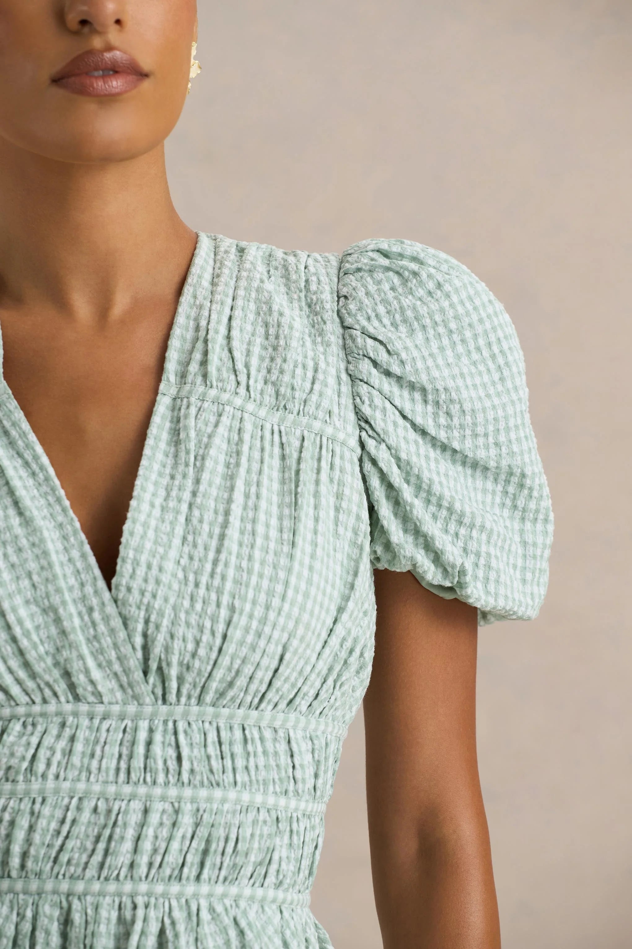 Laurelle Green Extreme Plunge Neck Mini Dress With Ruffling Detail