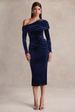 Eirene Blue Velvet Asymmetric Neck Midi Dress