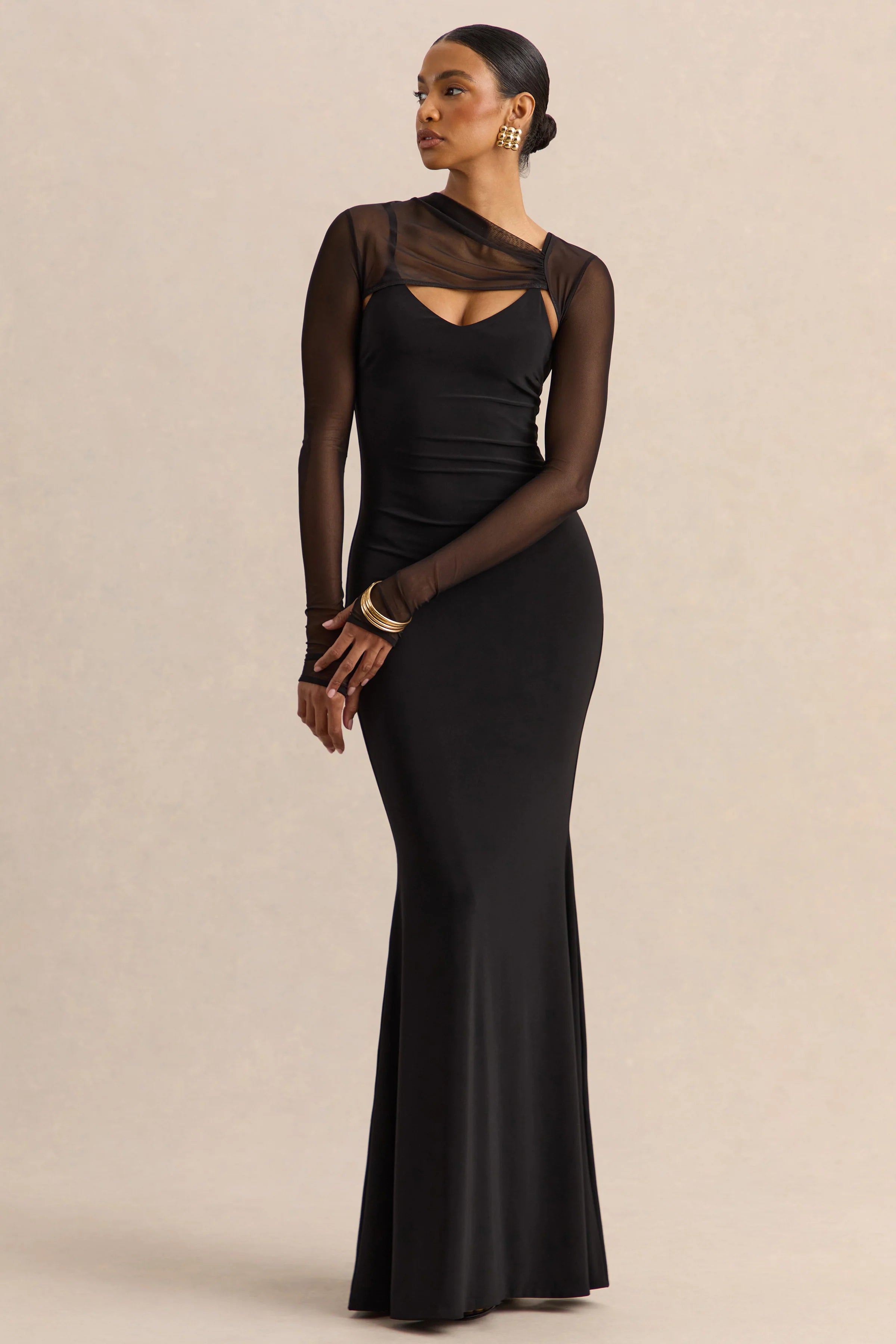 Coralia Black Asymmetric Neck Maxi Dress With Mesh Long Sleeves