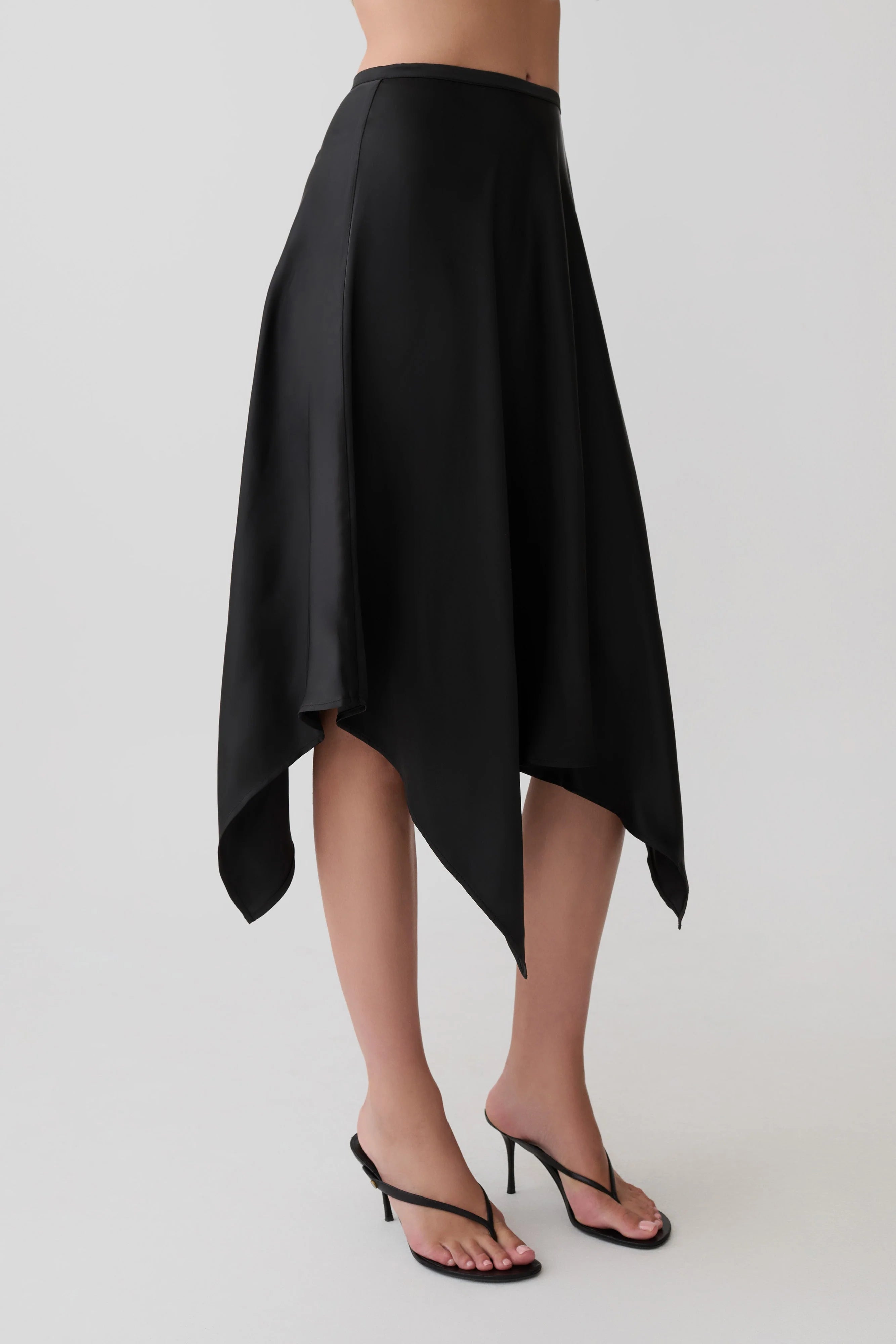 Coralie Asymmetric Satin Midi Skirt Black