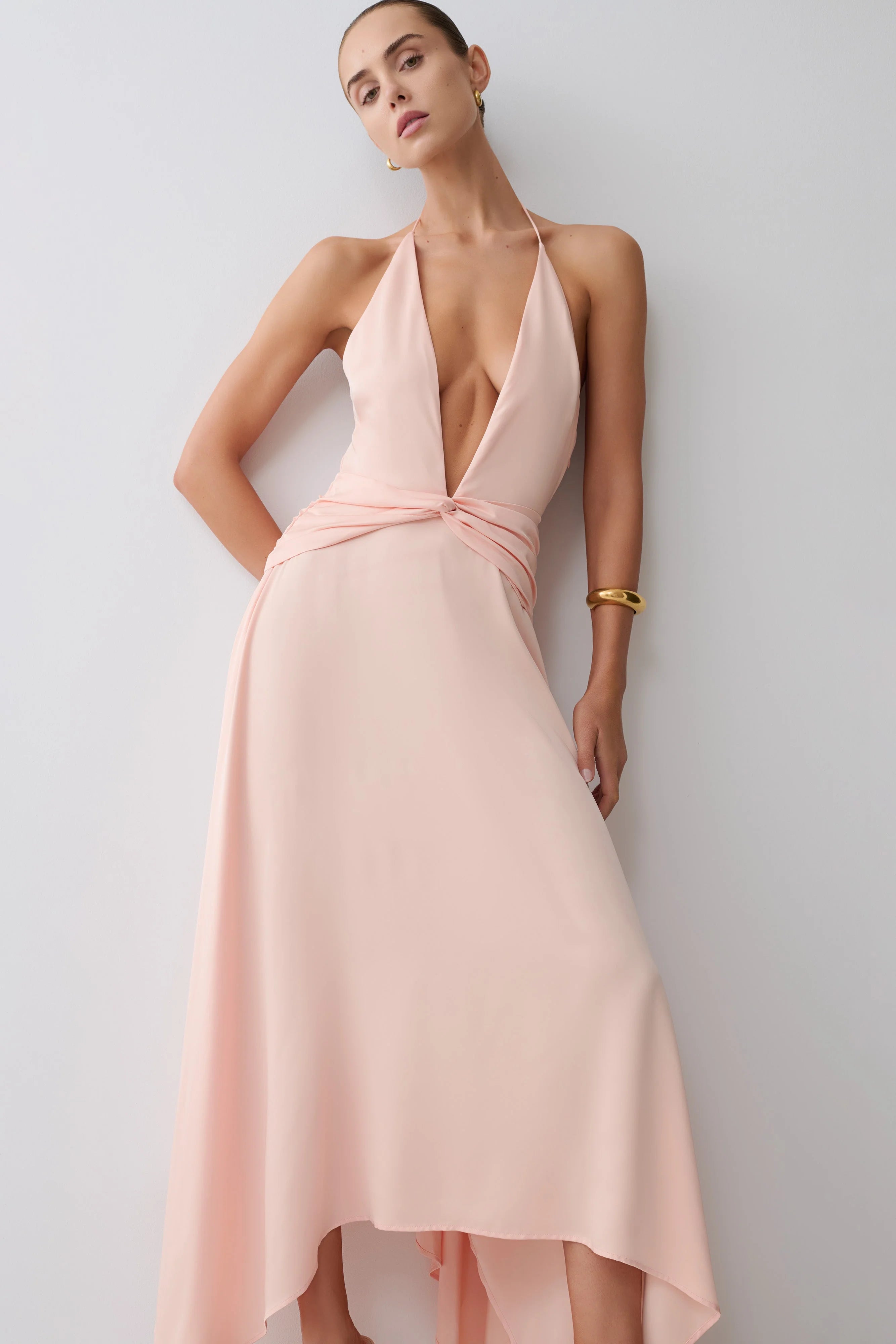 Cyra Plunge Satin Midi Dress Peach