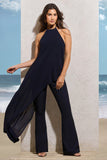 Catania Navy Flared Leg Jumpsuit With Chiffon Cape