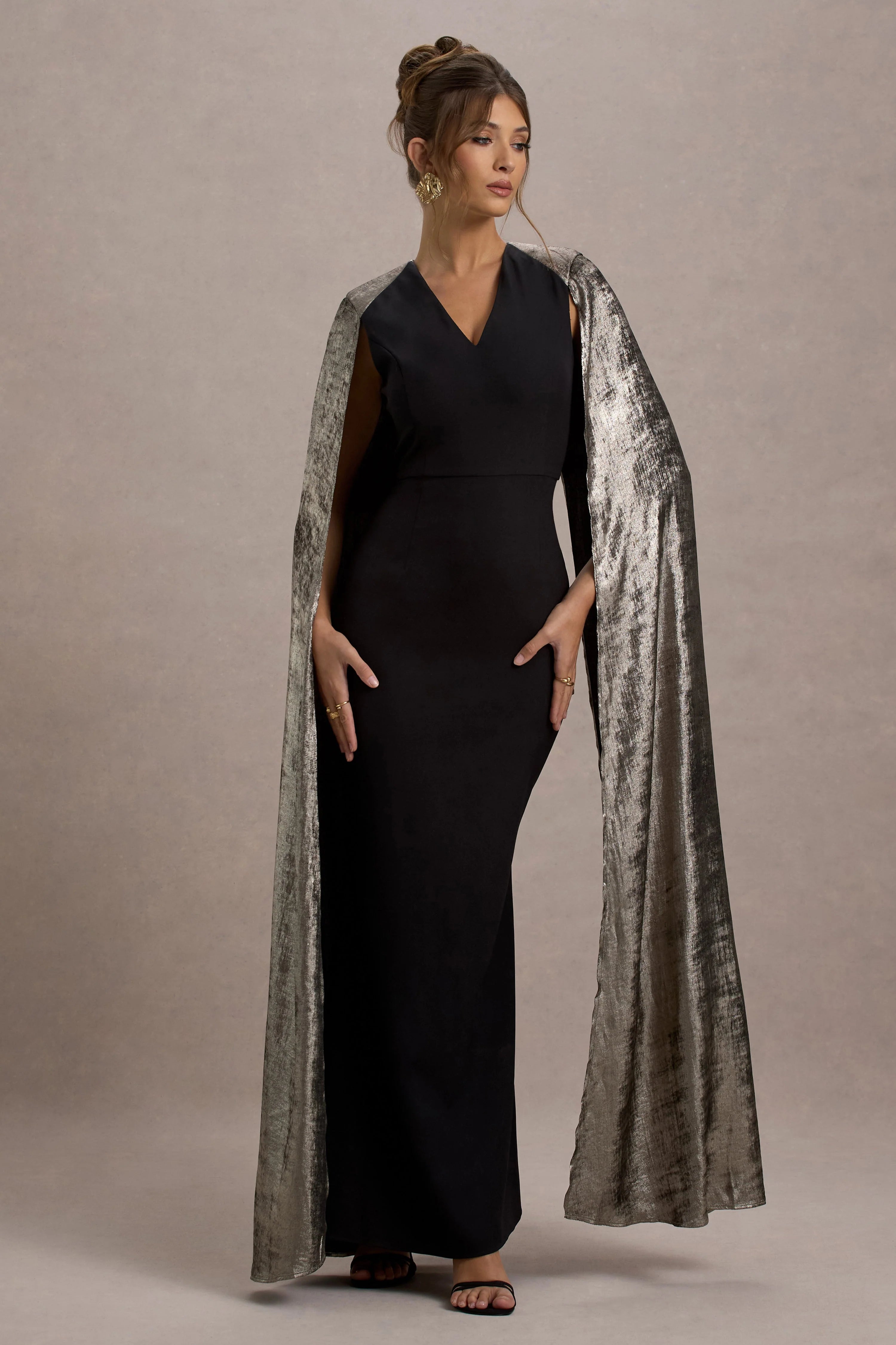 Ilenia Black V Neck Maxi Dress With Metallic Cape