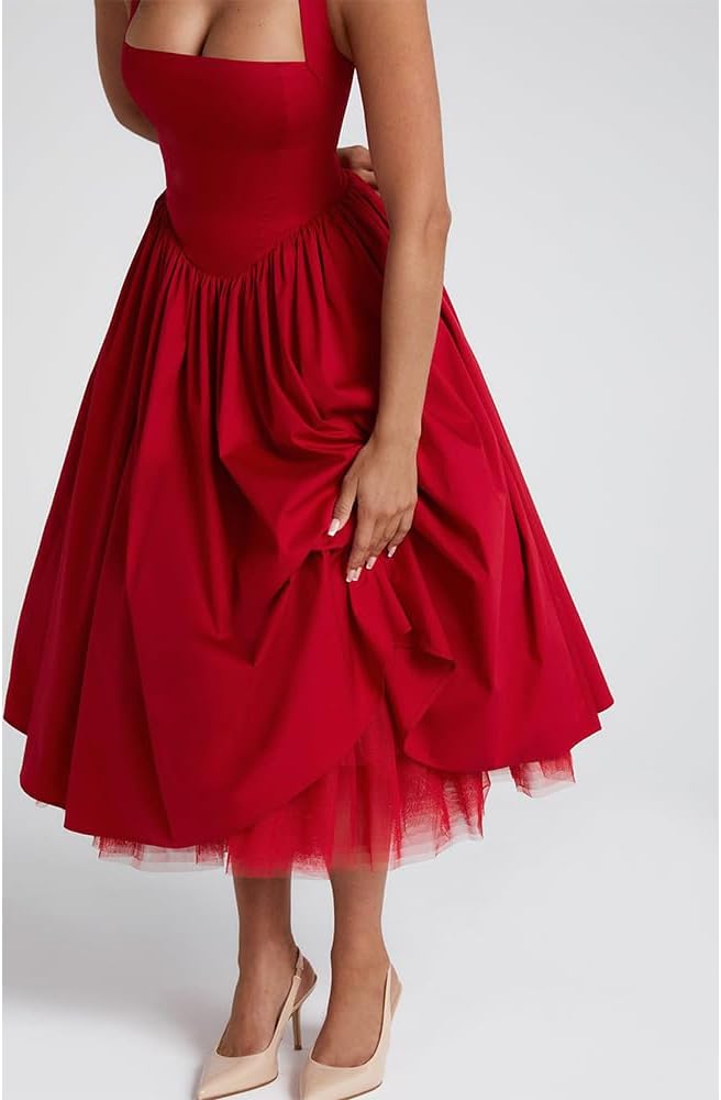 Women Halter Midi Dress Corset Back Layered Tulle Skirt A Line Formal Dresses Wedding Guest Bridal Shower