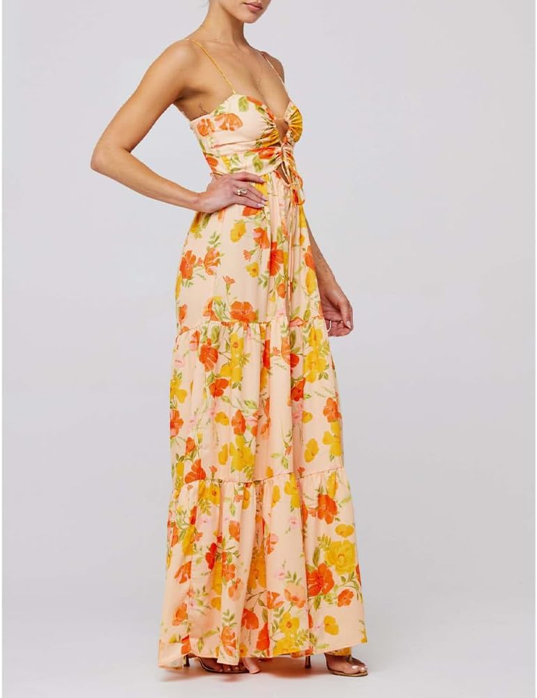 Women Floral Maxi Dress Tie Front Cut Out Backless Boho Spaghetti Strap Summer Beach Sundress