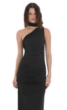 One Shoulder Scarf Wrap Maxi Dress in Black