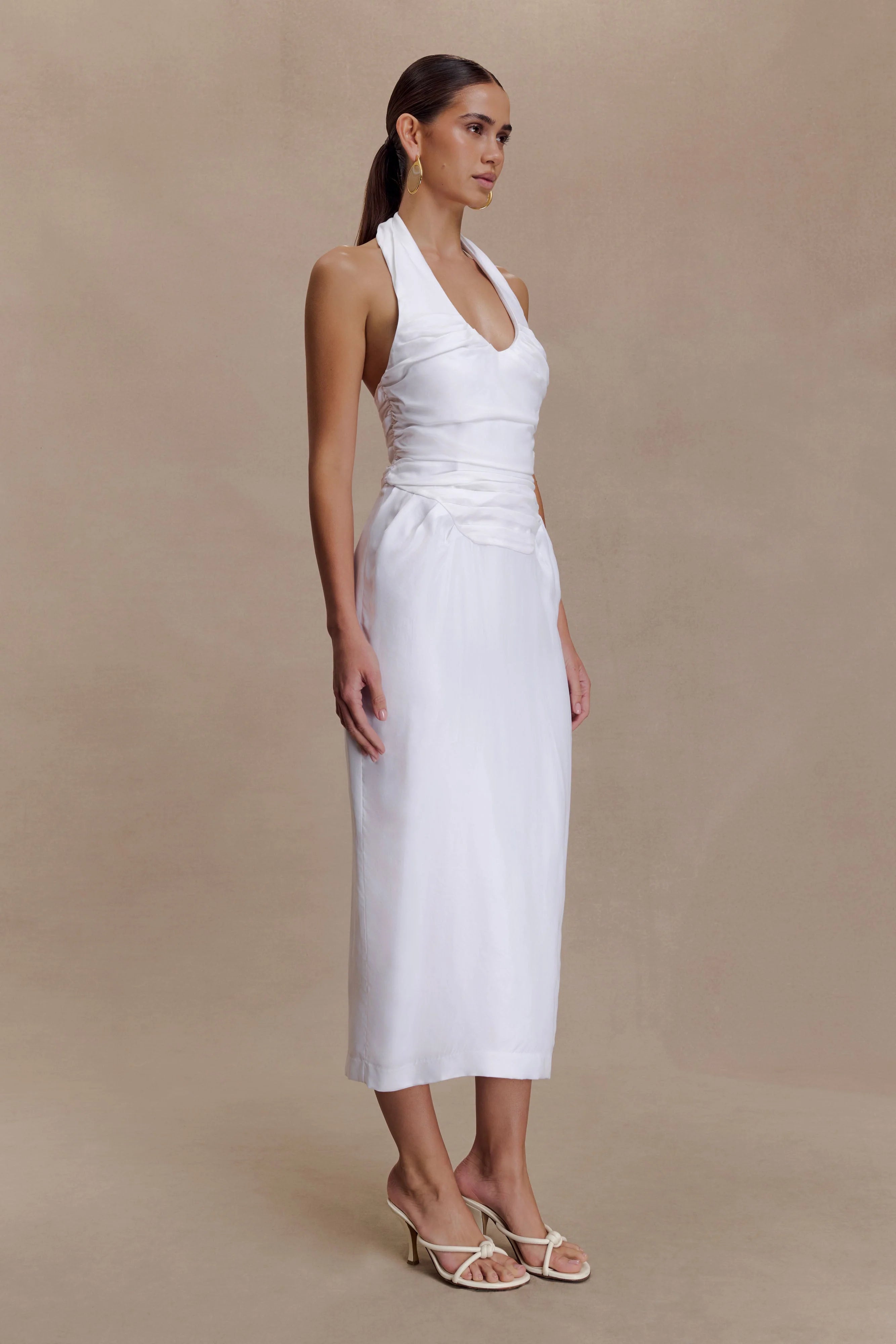 Daniela Ruched Halter Midi Dress White